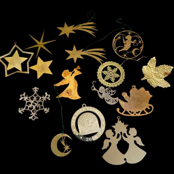 Vintage Brass & Metal Christmas Ornaments Set Of 14 - Picture 1 of 9